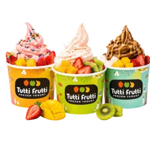Frozen yogurt cup with fruit and toppings at Tutti Frutti Café